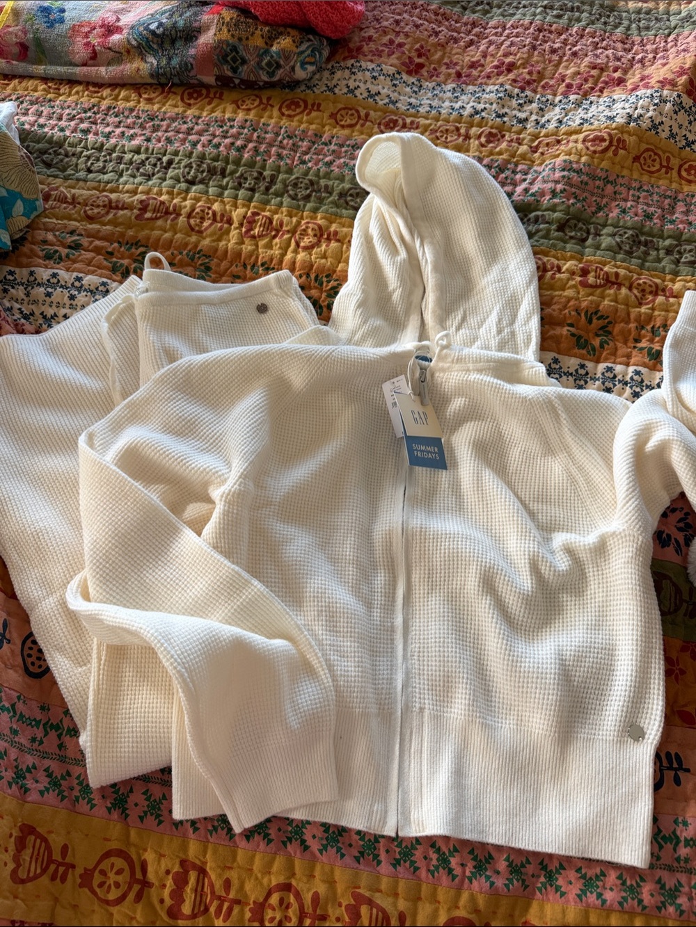 GAP Off-White Waffle-Knit Zip Hoodie L and Wide Leg Pants M